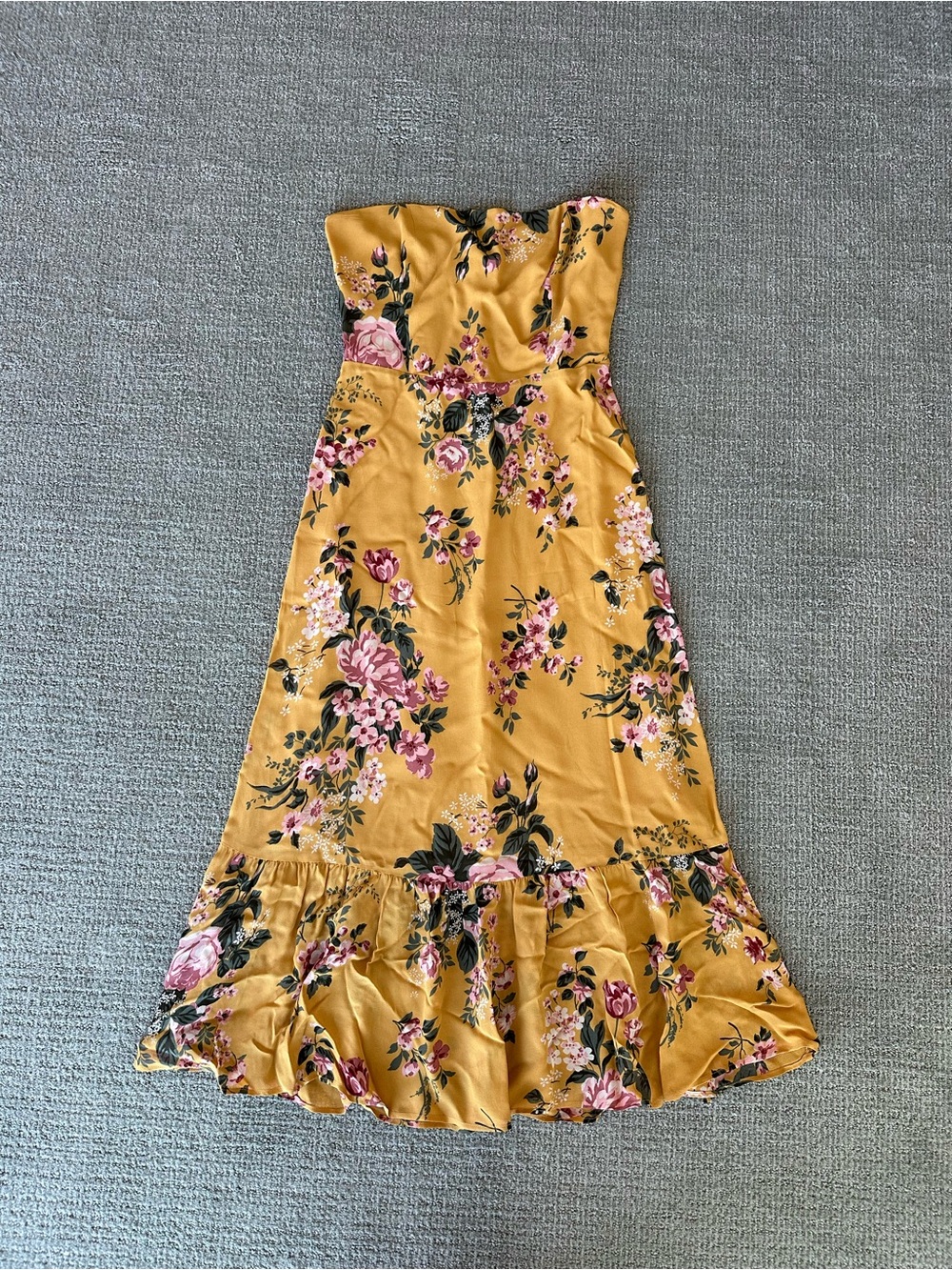 Reformation Strapless Yellow Arta Dress with Pink and Green Floral Print